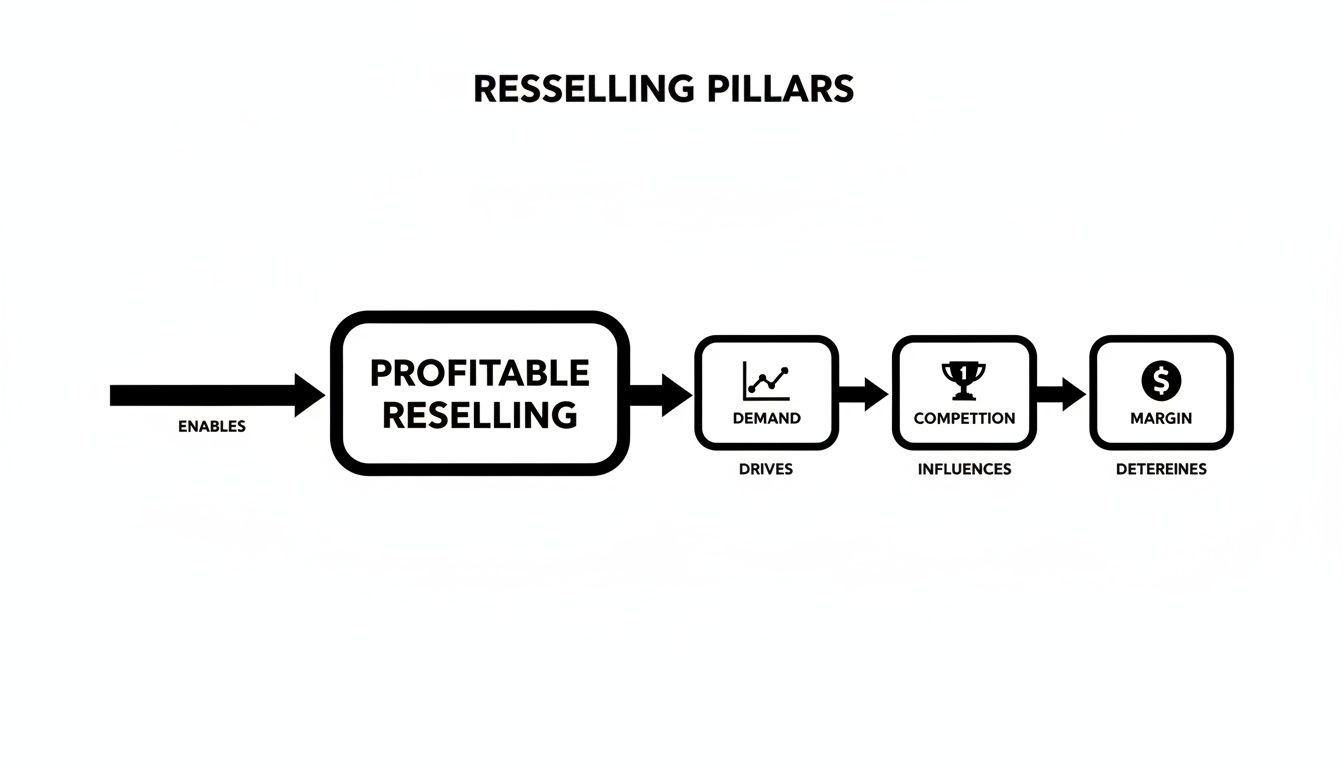 Flowchart illustrating the pillars of profitable reselling, showing how demand drives competition and influences margin.