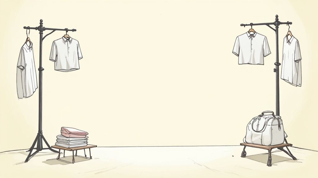 A photographer's organized workspace with a laptop tethered to a camera, showing a streamlined workflow for clothing product photography.