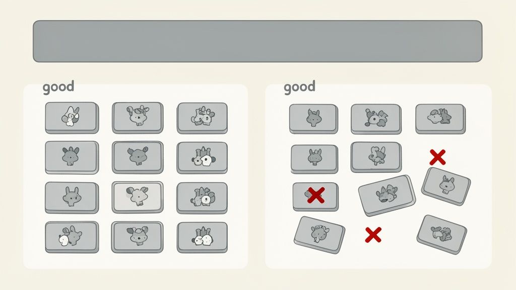 Examples illustrating good and bad practices for product image consistency and alignment within a grid layout, featuring animal icons.