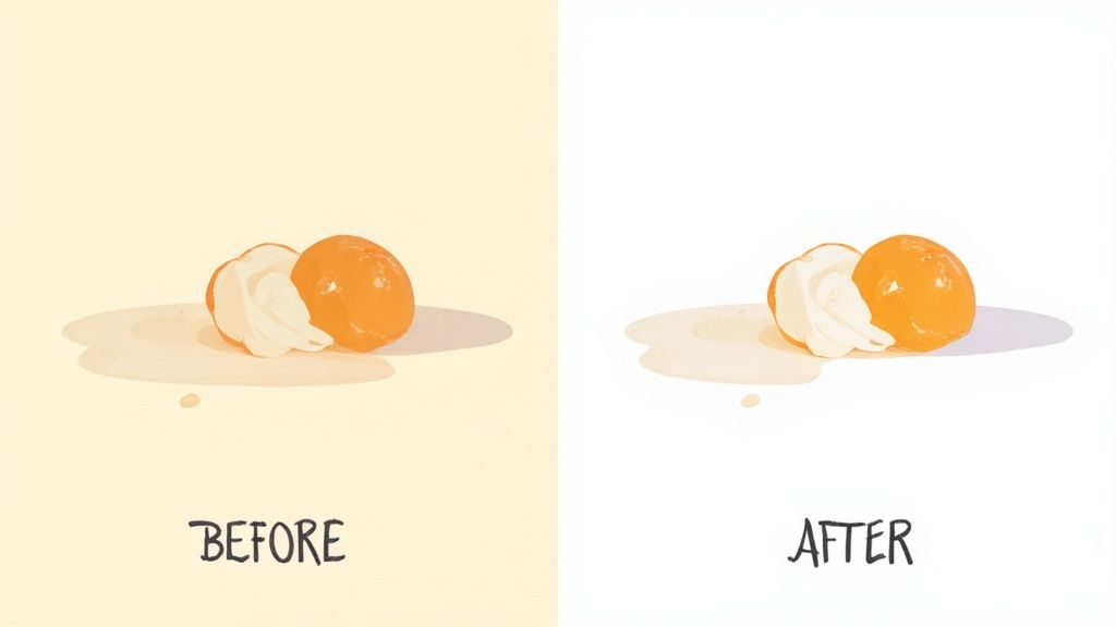Before and after comparison showing broken egg with yolk and white on surface illustration