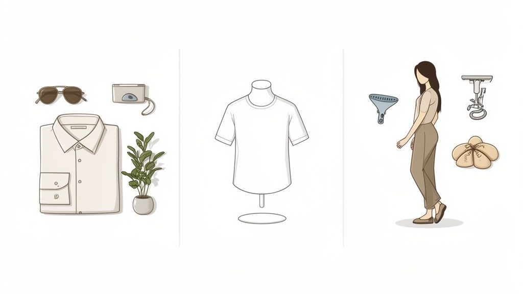 A collection of apparel items, including a folded shirt, t-shirt on a mannequin, and a woman with ironing tools.