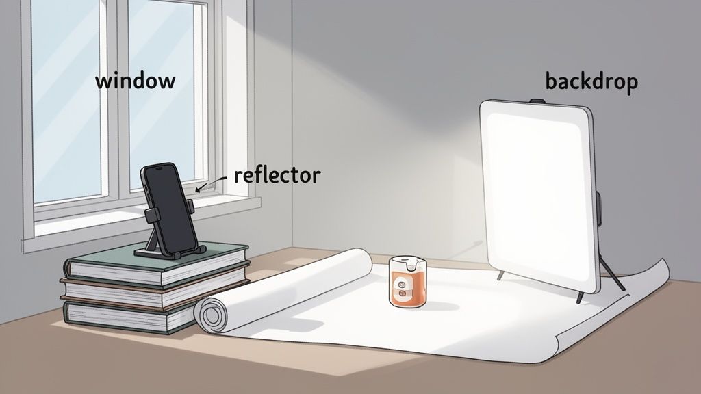 Product photography setup using natural window light, a smartphone, and white backdrops.