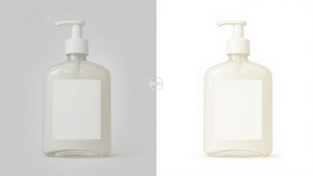 A person editing a product photograph on a computer with a color calibration tool nearby.