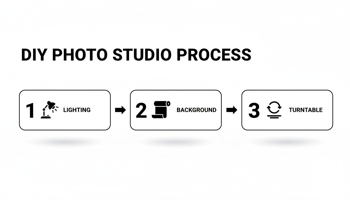 Diagram illustrating the DIY photo studio process, showing steps for lighting, background, and turntable setup.