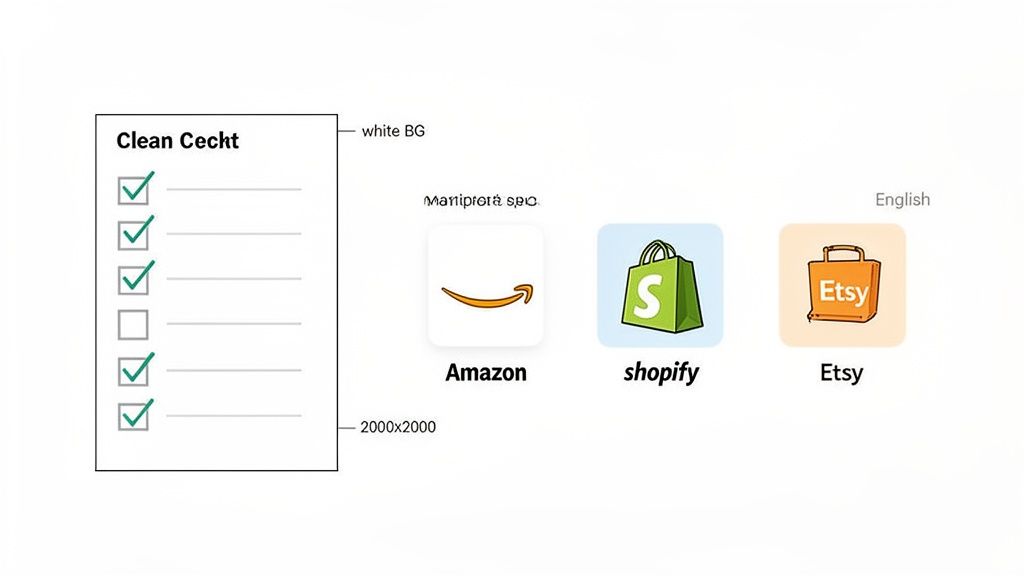 Checklist for clean image specifications, featuring logos for Amazon, Shopify, and Etsy e-commerce platforms.