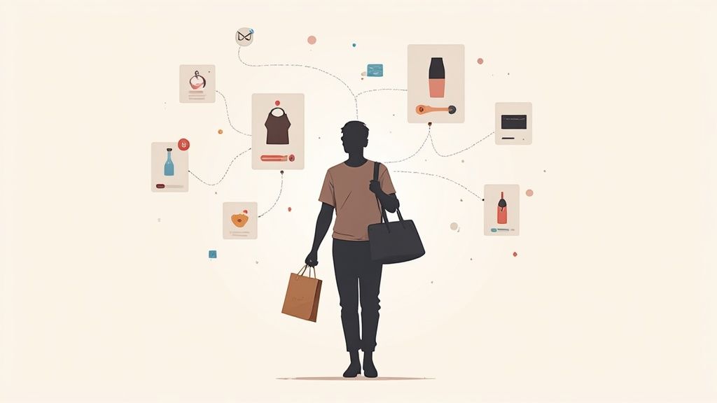 An AI-powered chatbot icon interacting with a customer on a smartphone, with personalized product recommendations appearing on the screen.