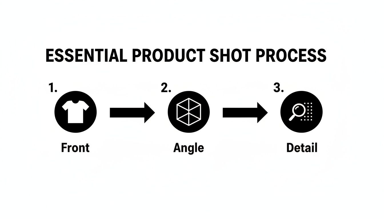 A graphic titled 'Essential Product Shot Process' showing steps for product photography: Front, Angle, and Detail.
