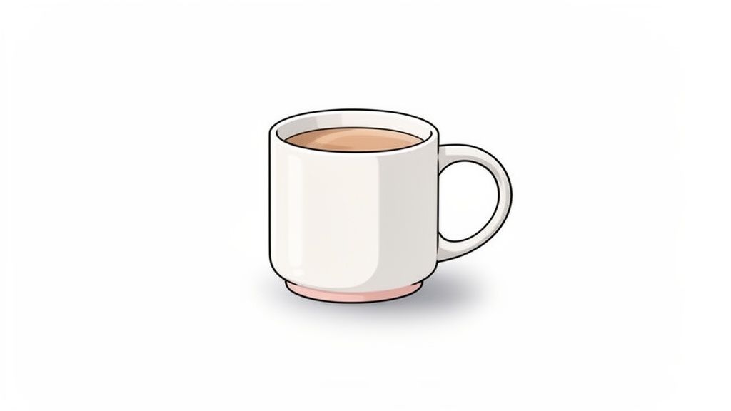 A simple cartoon illustration of a white mug filled with coffee or tea on a light background.