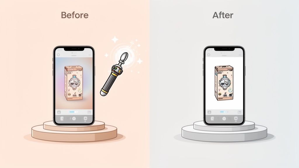 Before and after comparison of a smartphone editing a product photo to remove its background.