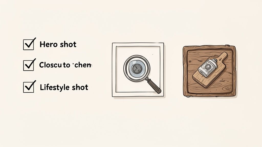 A checklist for hero, close-up, and lifestyle product shots next to icons for camera focus and product styling.