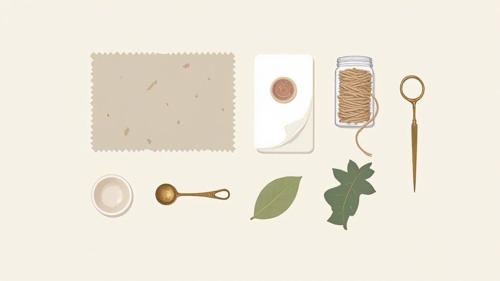 A collection of minimalist product photography props including neutral fabrics, acrylic blocks, and ceramics.