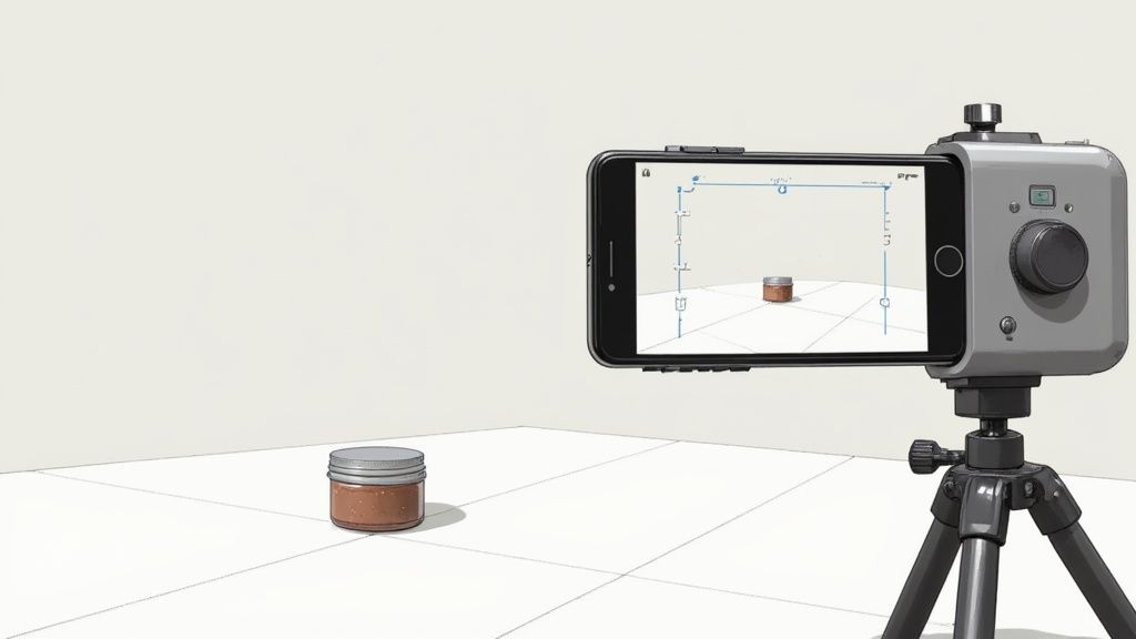 A smartphone on a tripod taking a photo of a small plant in a pot