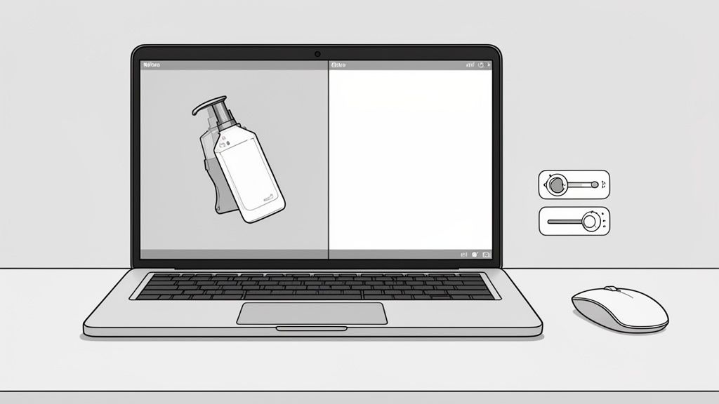 A laptop displays a product photo of a lotion bottle next to a blank screen, with editing controls and a mouse.