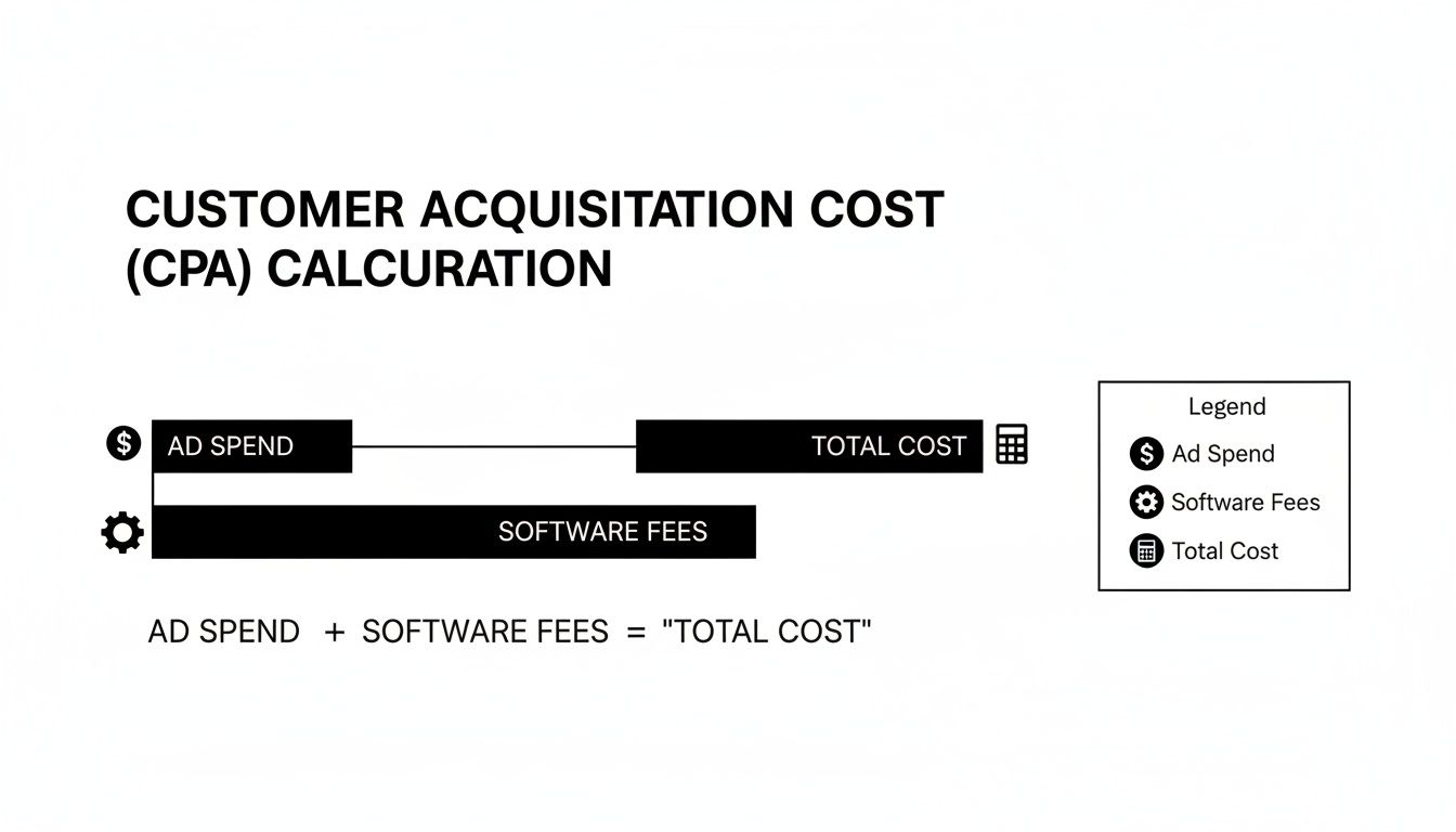Customer Acquisition Cost (CPA) calculation illustrating Ad Spend and Software Fees summing to Total Cost.