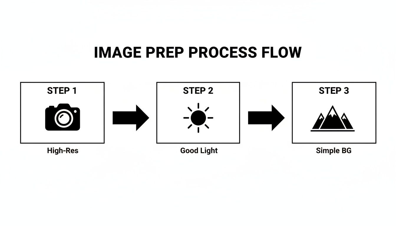 Flowchart showing three steps for image preparation: high-resolution, good light, and simple background.