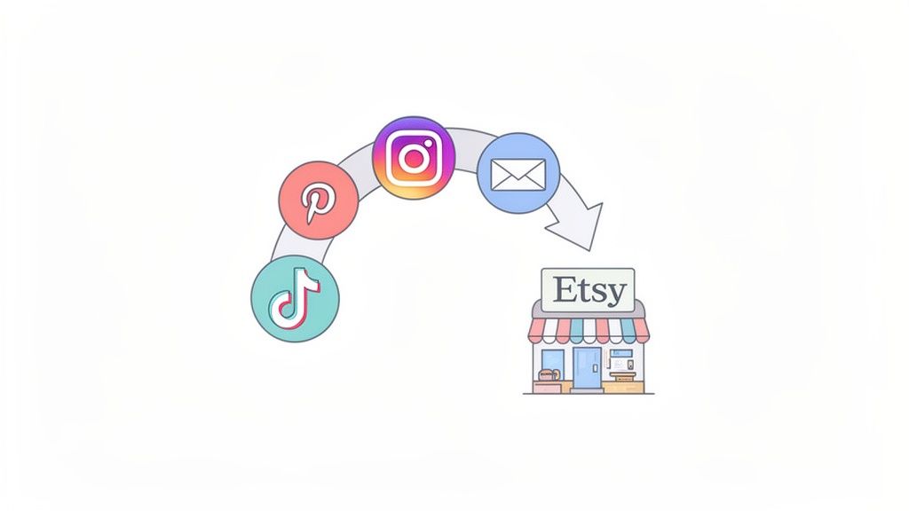 Social media icons TikTok, Pinterest, Instagram, and Email direct traffic to an Etsy shop.