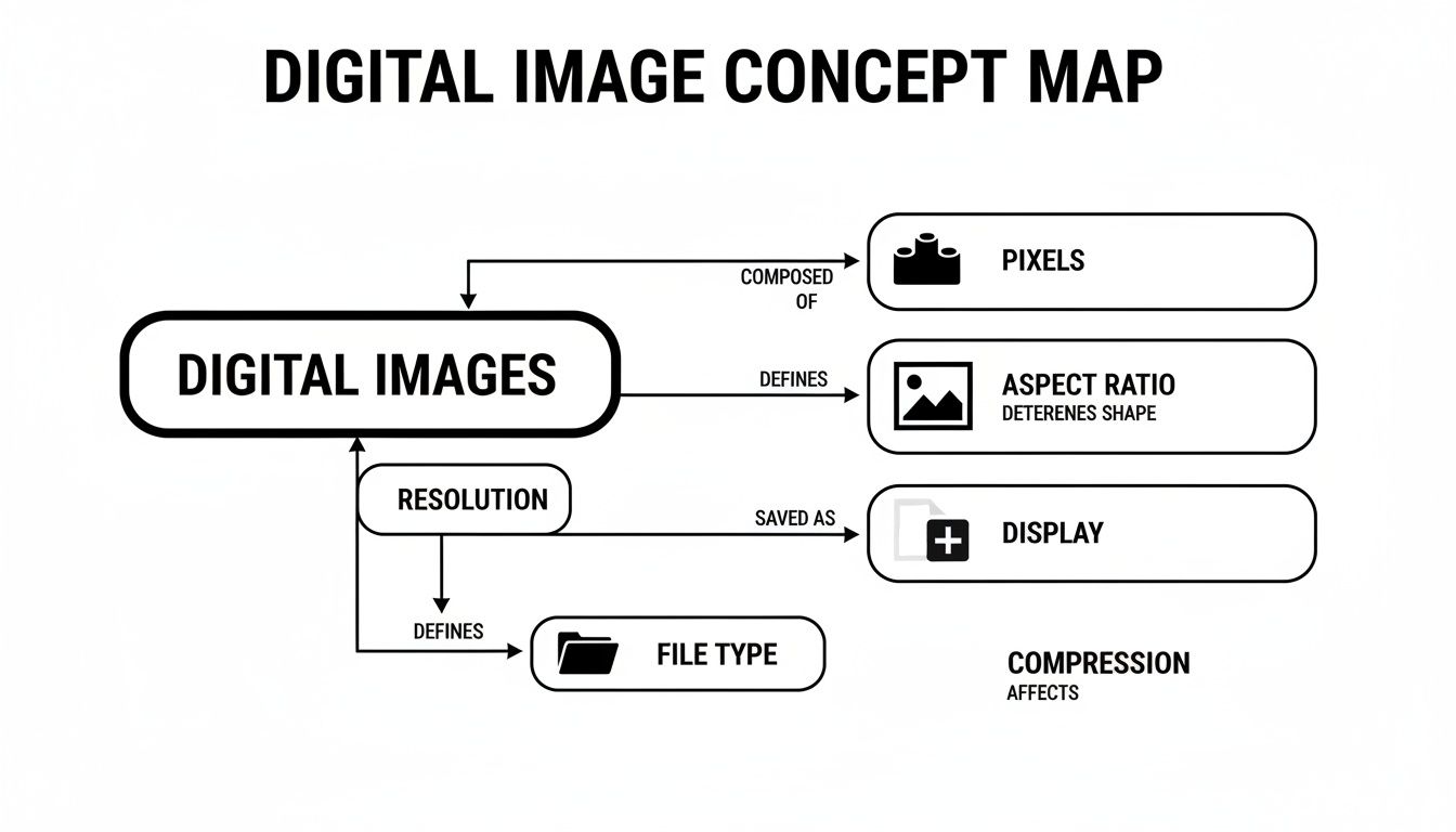 A concept map explains digital images, their composition of pixels, aspect ratio, resolution, file type, and display.