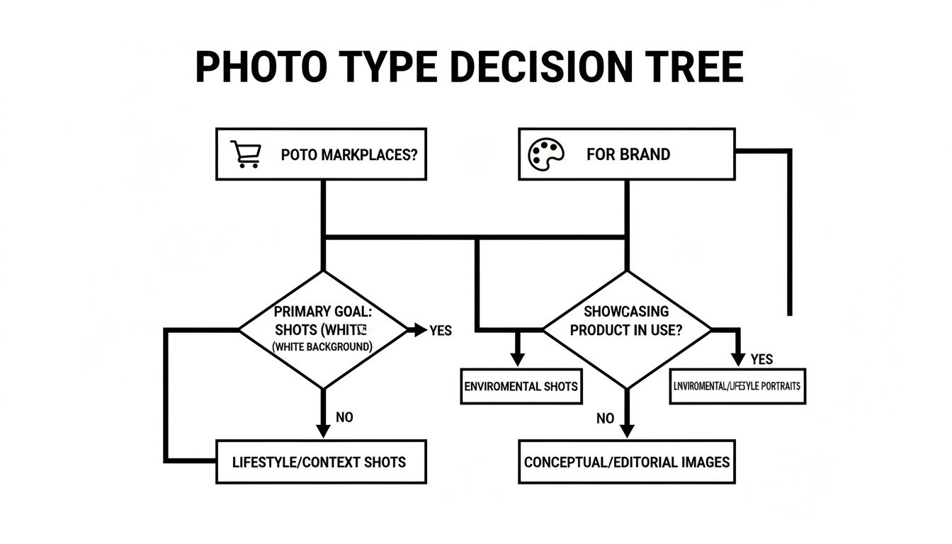 A photo type decision tree flowchart guiding image selection based on project goals and purpose.