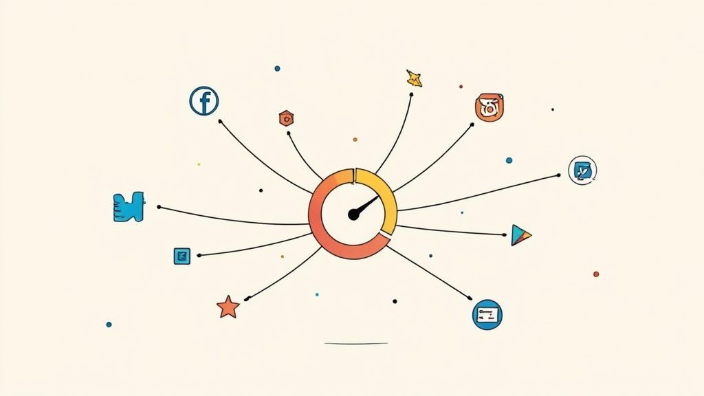 A smartphone screen showing social media engagement metrics like likes and comments, with charts in the background.