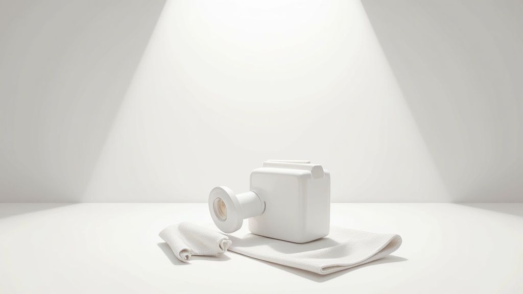 A professional product photography setup with a camera, softbox lighting, and a clean white background.