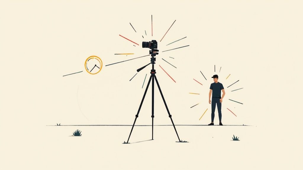 A camera on a tripod set up to take a sharp, stable photo.