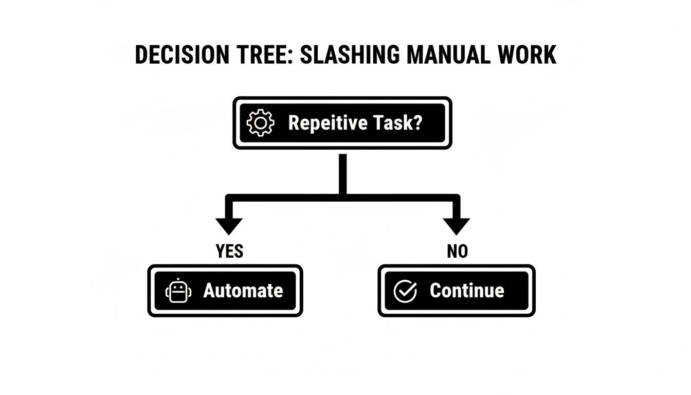 A decision tree illustrating how to slash manual work: automate if repetitive, continue if not.