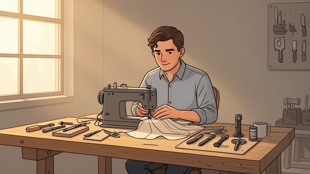 A man smiles while sewing fabric on a sewing machine at a wooden workbench with tools.