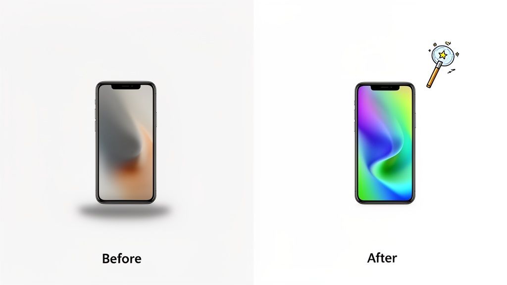 Two iPhones side-by-side, demonstrating a vibrant color transformation of the screen display.