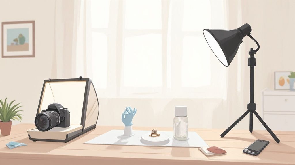 A complete at-home jewellery photography setup including a camera on a tripod, lights, and a white background.