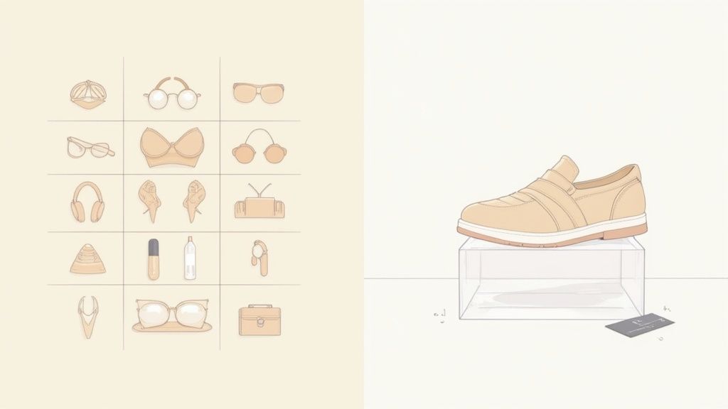 A white necklace displayed on acrylic riser