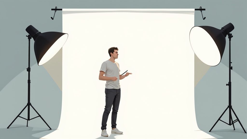 A man stands in a photography studio setup with a white backdrop and two large lights.