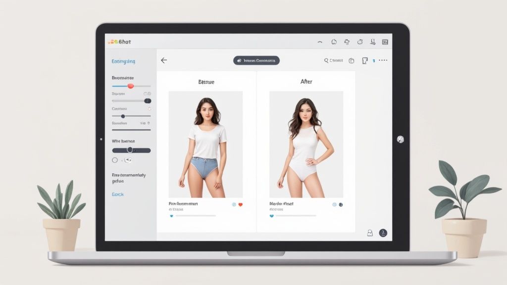 A laptop displays a digital interface showing a 'Before & After' comparison of a woman's clothing.