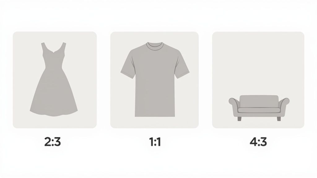 Three panels showing product images with aspect ratios: a dress (2:3), a t-shirt (1:1), and a sofa (4:3).