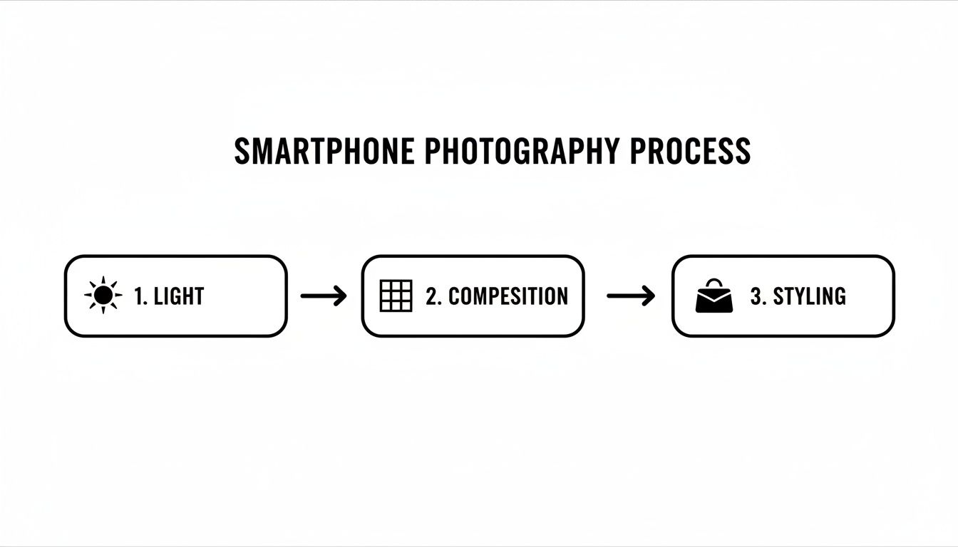 Flowchart illustrating the smartphone photography process: light, composition, and styling.