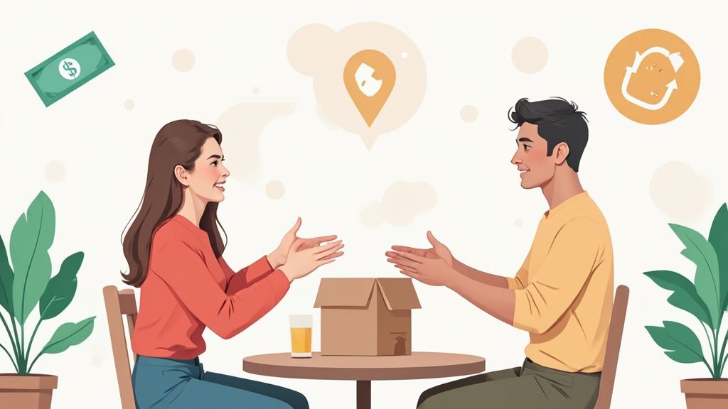 Two people shaking hands to finalize a deal in a public space.