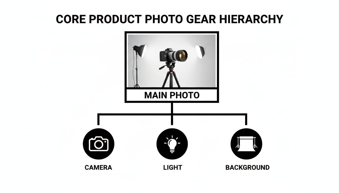 A hierarchy diagram illustrating core product photography gear: camera, light, and background setup.