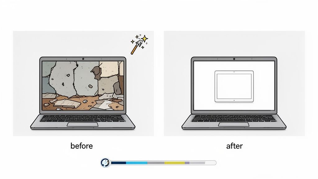 Illustration showing a laptop screen transforming from a broken wall to a clean tablet display, signifying digital improvement.