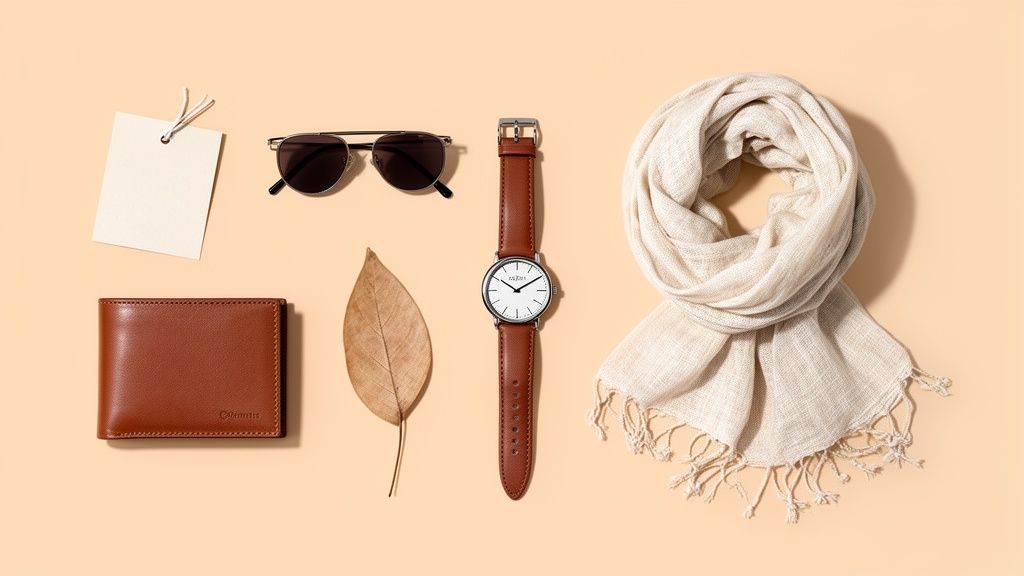A flat lay of men's autumn accessories including a wallet, sunglasses, watch, and scarf on a beige background.