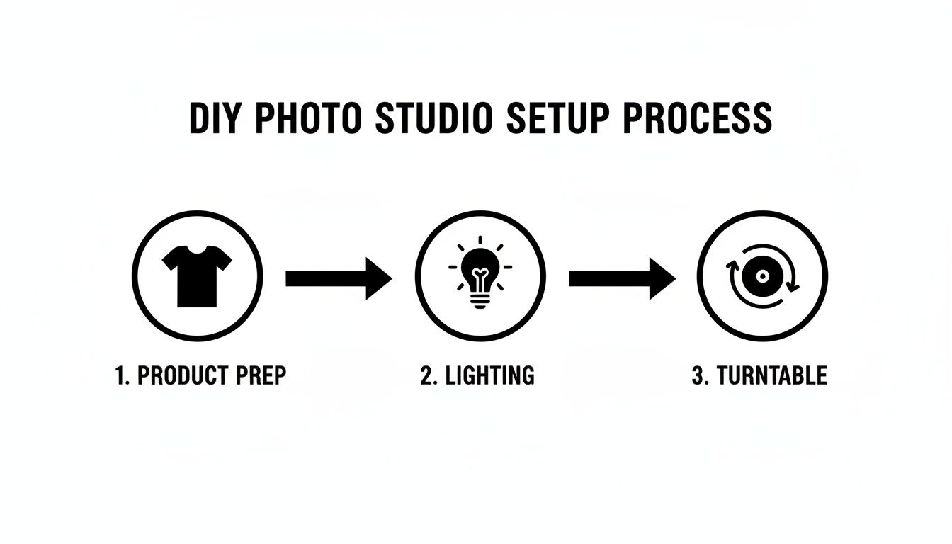 Infographic illustrating a DIY photo studio setup process with three steps: product prep, lighting, and turntable.