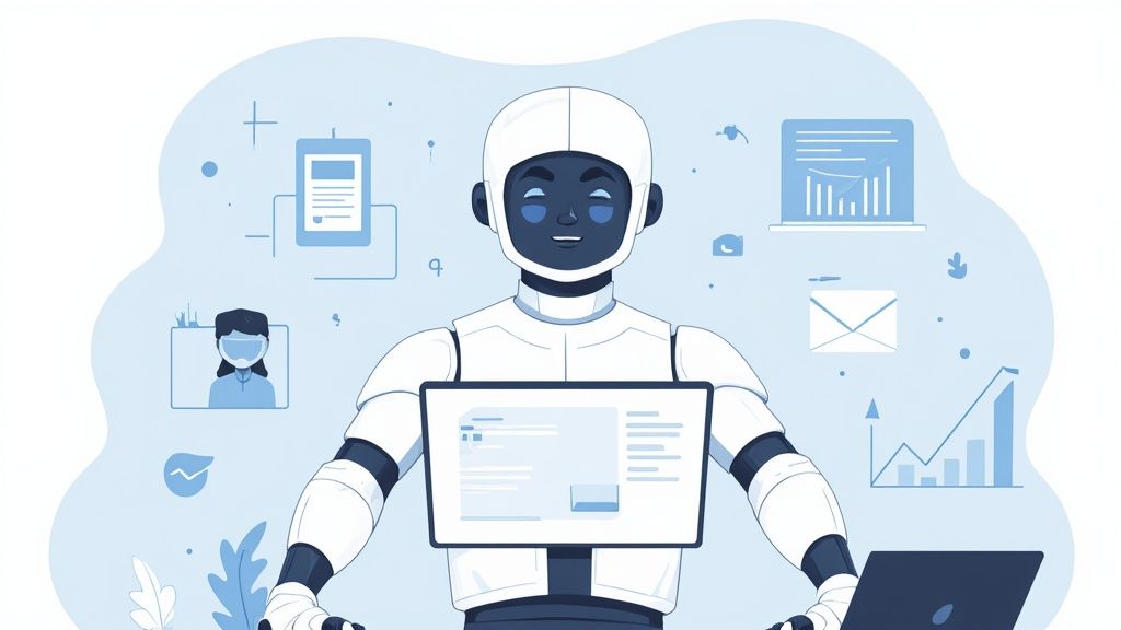 AI chatbot helping a customer on a laptop screen.