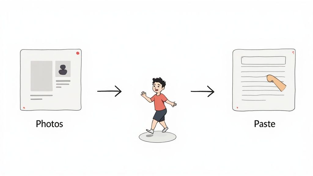 An illustration showing content moving from a photos application, represented by a boy, to a document for pasting.