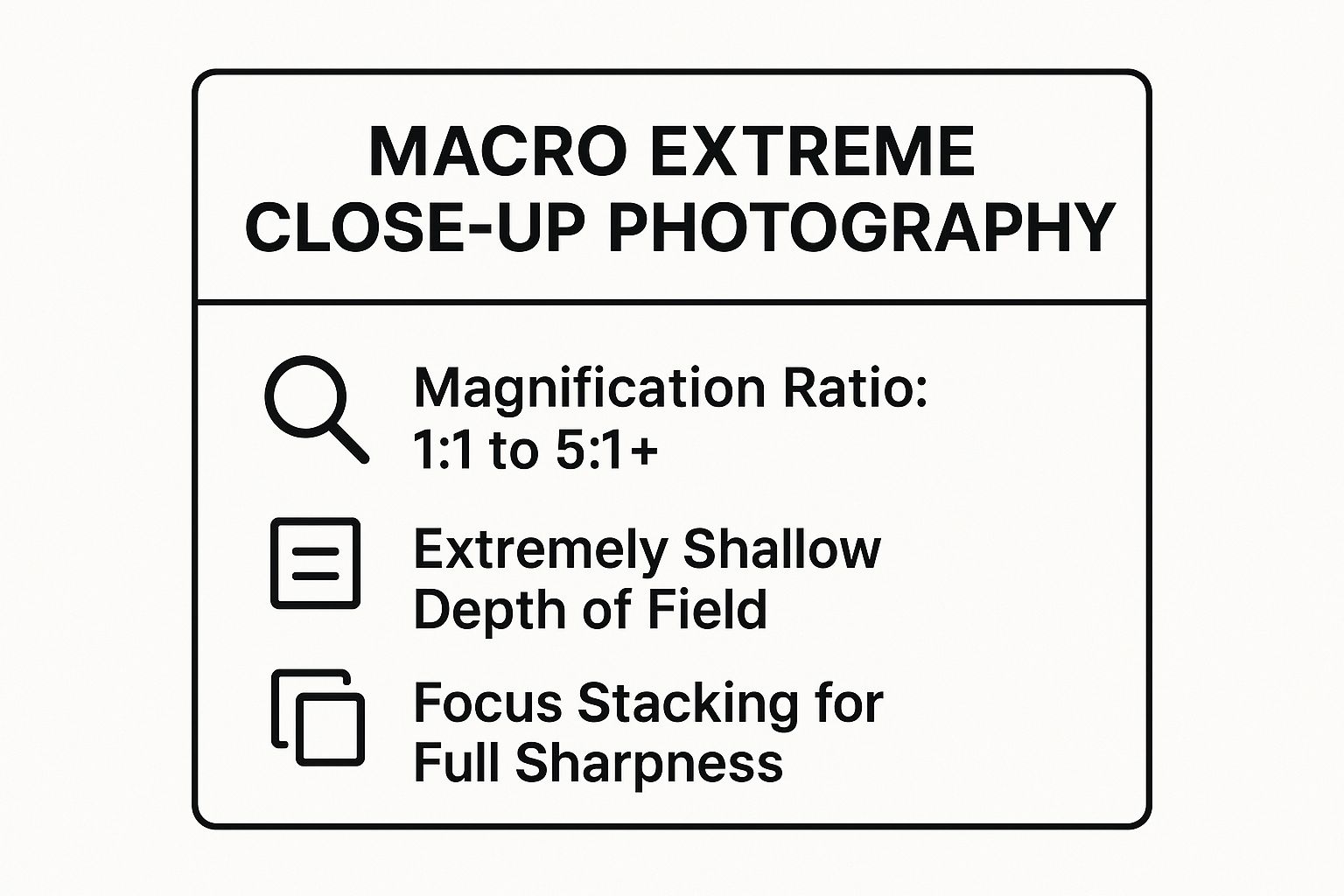 Infographic showing key data about Macro Extreme Close-Up Photography
