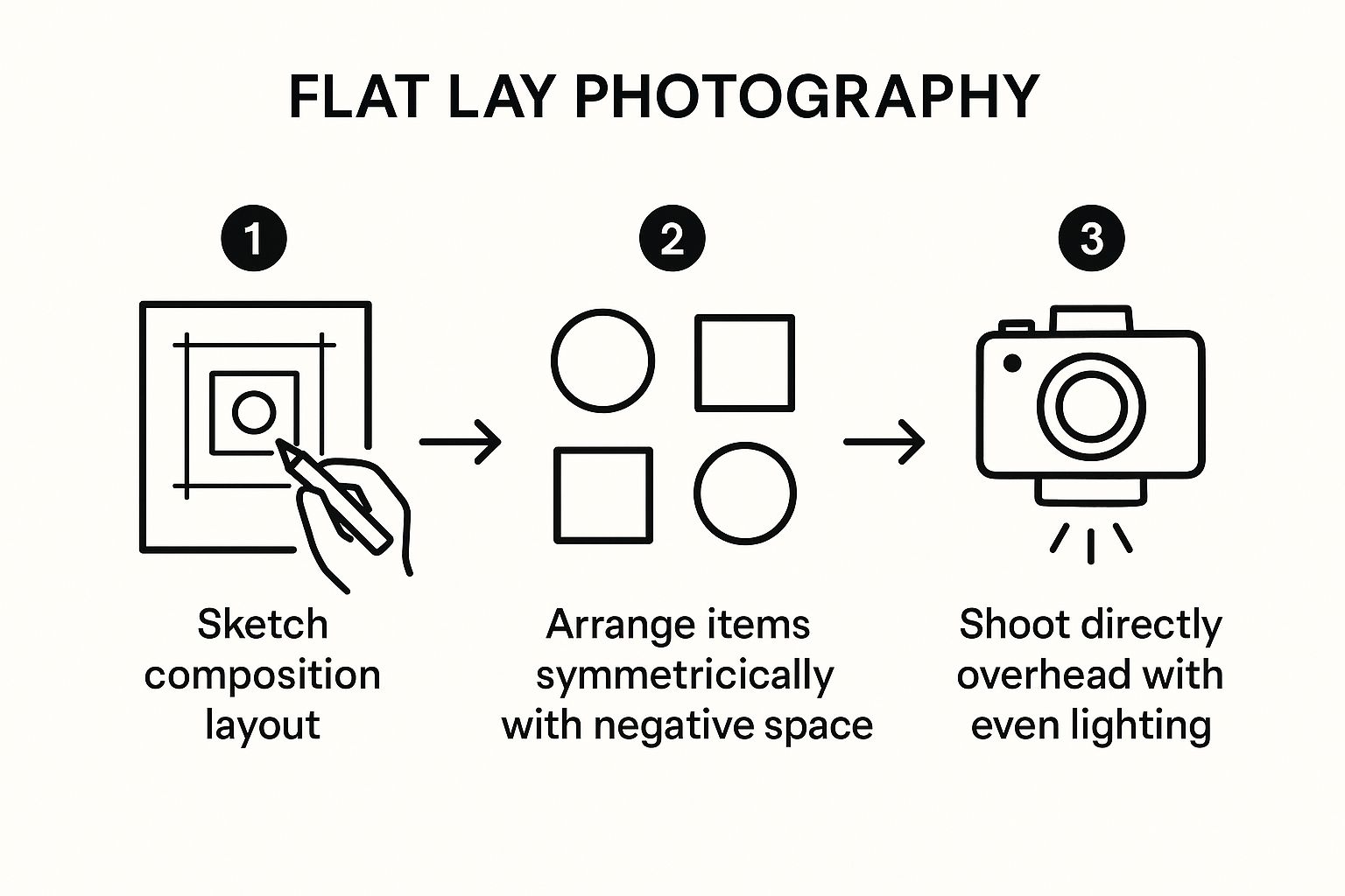 Infographic showing the three-step process for creating a flat lay: 1. Sketch Composition, 2. Arrange Items, 3. Shoot Overhead.