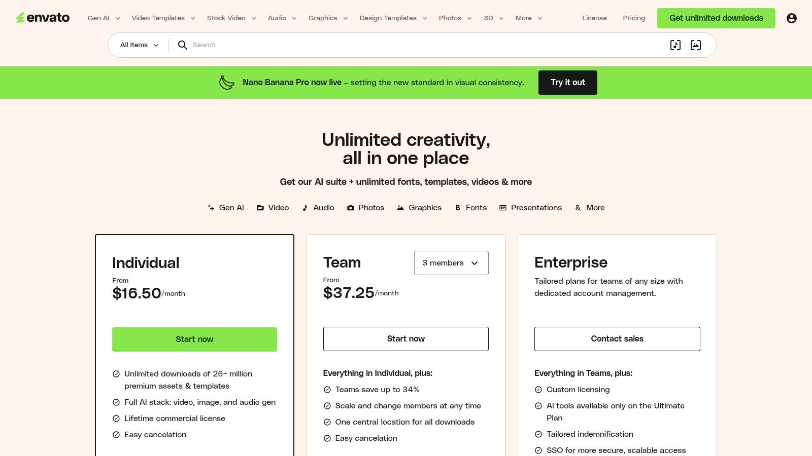 Envato Elements Pricing Plans
