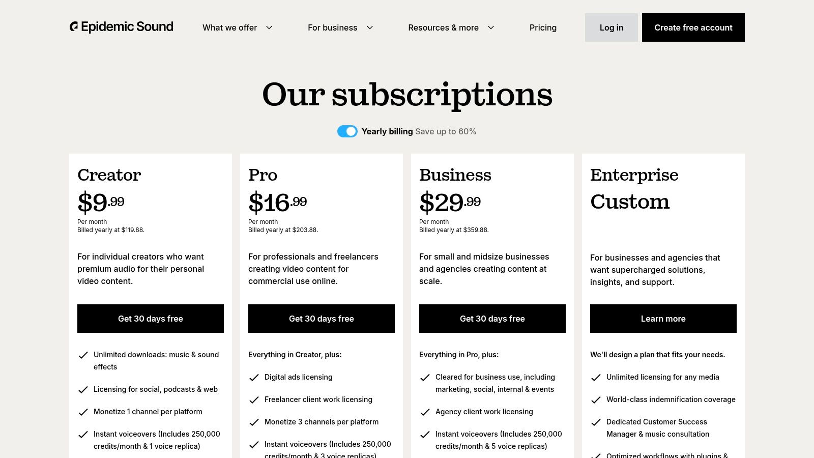 Epidemic Sound Pricing Plans