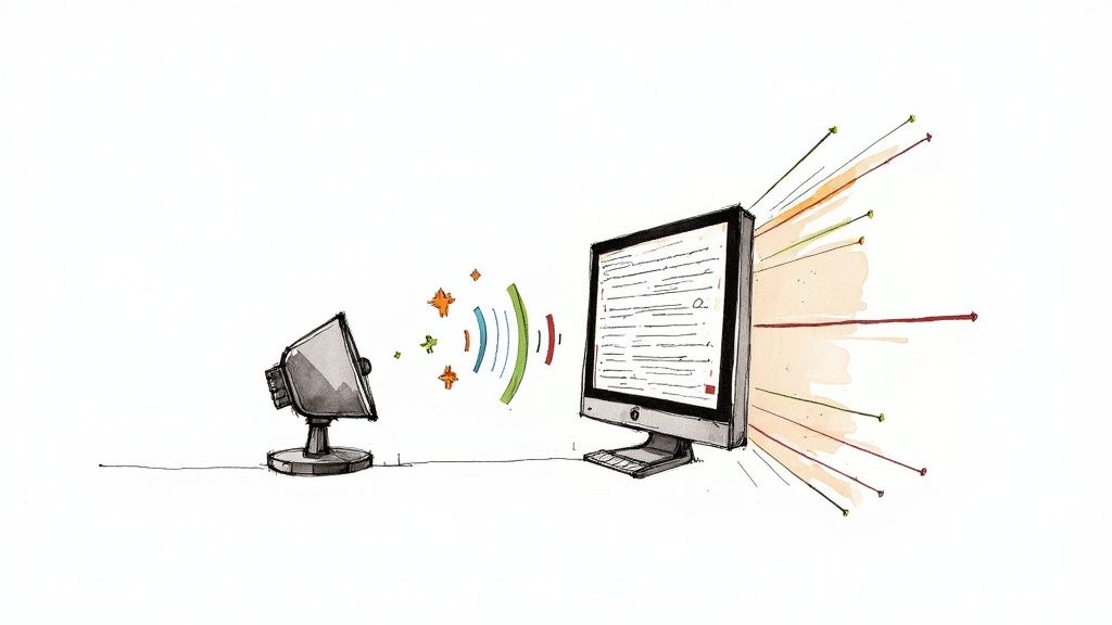 A futuristic sound wave visualization representing the conversion of text to audio.