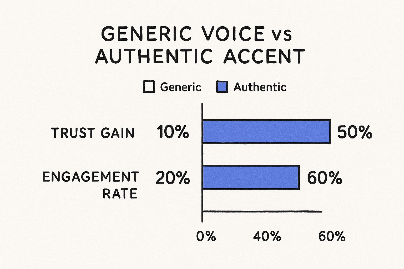 Infographic comparing the impact of generic versus authentic voices on audience trust and engagement.