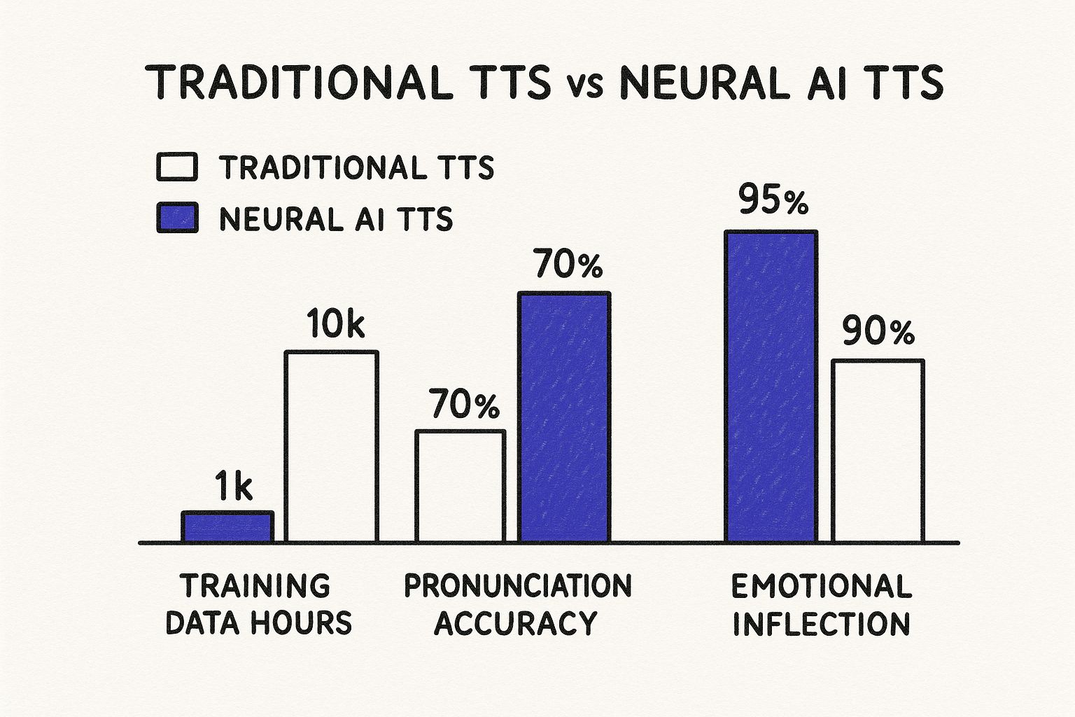 Infographic comparing Traditional TTS to Neural AI TTS on training data, pronunciation accuracy, and emotional inflection.