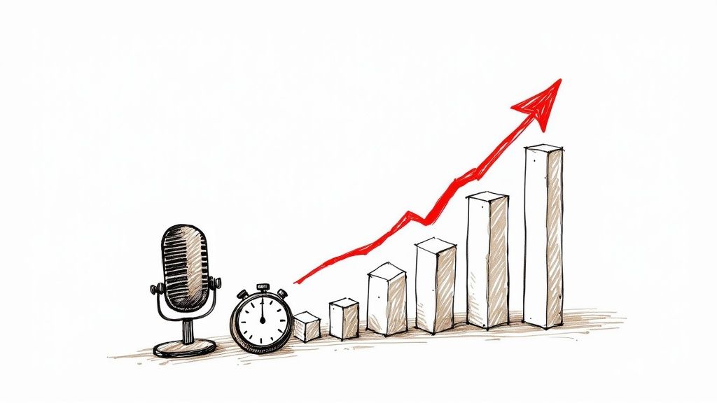 A graphic showing upward-trending charts and currency symbols, illustrating the business growth benefits of using AI voice overs.
