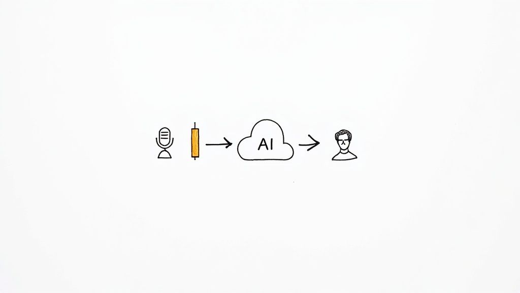 A modern audio editing interface on a laptop, showing soundwaves and translation settings.